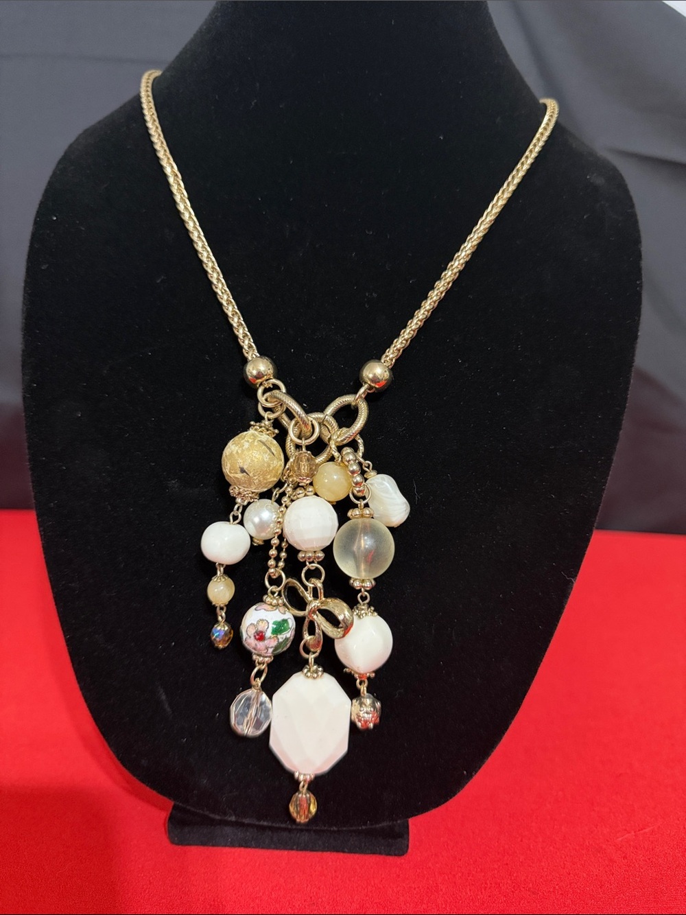 Gold-Tone Multi-Bead White Pendant Statement Necklace